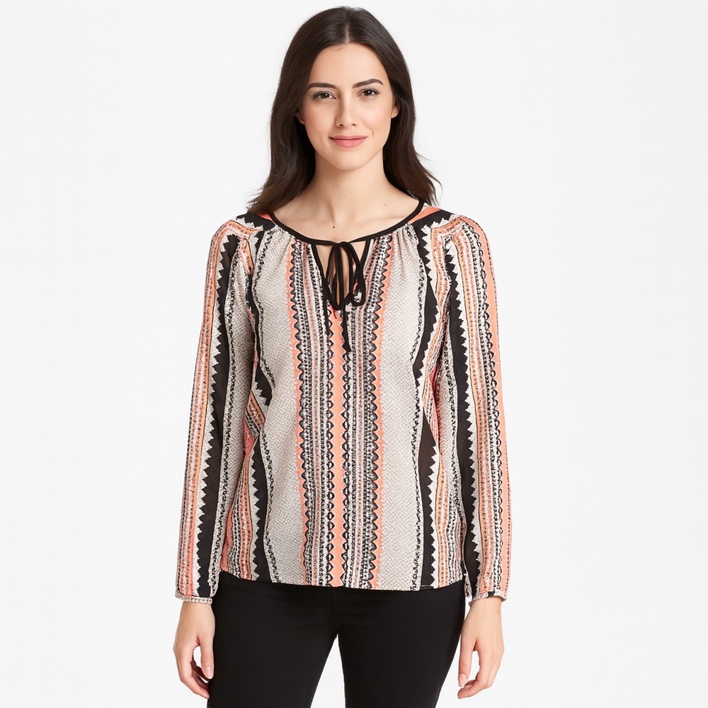 Women's Sanctuary Boho Print Tie Neck Blouse Orange/Black Size L